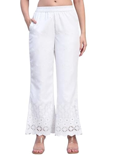SHOPPING QUEEN Women's Cotton Embroidered Chikankari Palazzo (A687_White7_L)