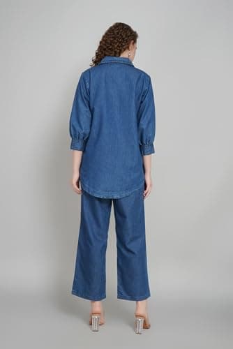 CREATIVE KURTI PALACE Blue Denim Co-ord Set for Women – Top & Bottom Combo | Mandarin Collar Kurta with Pants – Everyday Comfort | (IN, Alpha, 2XL, Regular, Denim Blue) 4