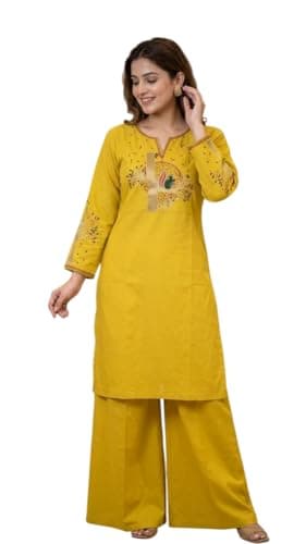Women's Cotton A-Line Printed Co-Ord Set with Palazzo | Kurta Set for Women | A-Line Kurti Co-Ord Set | Printed Kurti Palazzo | Women Kurta Set (IN, Alpha, 3XL, Regular, Wome, Yellow)