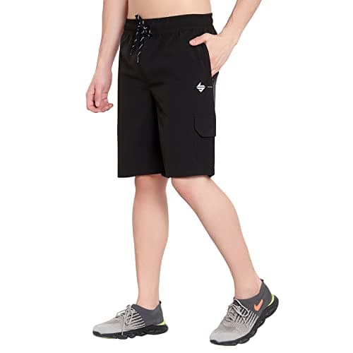 John Ally Athletic Sports Cargo Shorts for Men with Zip Pockets and Elastic Waistband Quick Dry Lightweight Activewear.(Jet Black - XL)