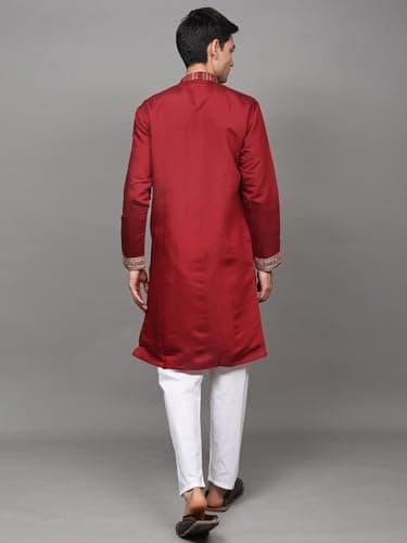 Exotic India Embroidered Stripes and Sequins work Art Silk Kurta with Cotton Pajama Pant Style | Ethnic Designer Kurta Pajama Set for Men 4