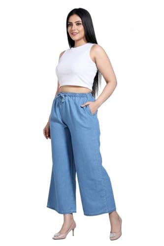 Shirpav Women's Denim Cotton Palazzo Pants, Light Blue | Regular Fit Palazzo Pant | Mid Rise | Size: S to 6XL (in, Alpha, 3XL) 4