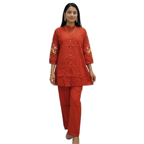 Aryans Design Den ADD Women’s Front Solid Back Side Print Pure Cotton Co-Ord Set | Stylish Embroidered Button-Down Kurta with Straight Pants | Soft Breathable Ethnic Co-Ord Set (Orange, M)