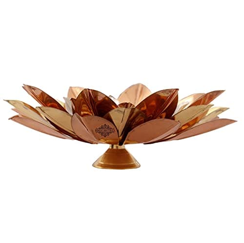 Indian Art Villa Pure Copper Lotus Design Tea Light Candle Diya / Deepak with Black Velvet Gift Box, Colour-Gold, Silver & Brown, Width-8 Inches 4