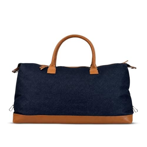 Packster Denaro 37L Weekender Duffle Bag for Men, Denim Travel Bag with Leatherette Handles, Adjustable Shoulder Strap, Front Zip Pocket, Water-Resistant, Lightweight Overnight Bag (Tan Navy) 2