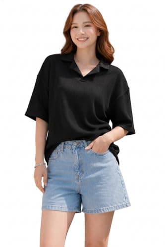 Zilcon Oversized Tshirts for Women V-Neck Summer Short Sleeve Casual Loose Top (Black_XL)
