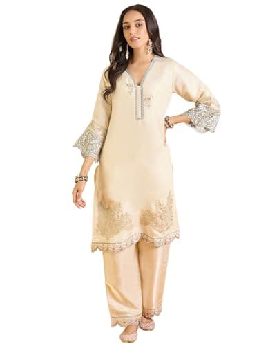 INDO ERA Women's Silk Blend Ethnic Motifs Embroidered Straight Knee Length Kurta & Palazzo Set (Cream_IESTR113_XX-Large)
