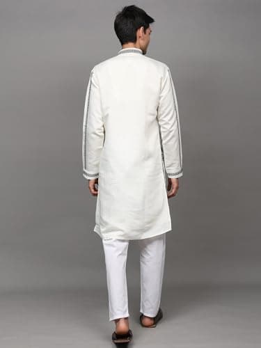 Exotic India Thread Embroidered Motif Art Silk Kurta with Cotton Pant Style Pajama | Ethnic Dress Kurta Pajama Combo Set for Men's 4