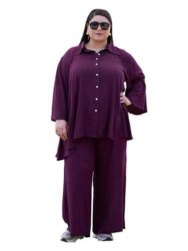 TITTLI Wrinkle Rayon Oversized Shirt & Palazzo Plus Size Co-Ord Set for Women | Relaxed Fit Two Piece Outfit | Casual Wear Outfit | Sizes - XXL, 3XL, 4XL, 5XL, 6XL Wine