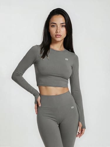 Sfytt Women's Activewear Crop Top, Long Sleeve with Thumbholes, Performance Gym Workout Top, Athletic Yoga Top, Slate Grey, Small 3