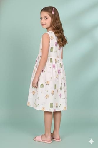 Cloth Bites Girl's 100% Pure Cotton Sleeveless A-Line Frock - Casual Summer Button-Down Dress with Pockets & Quirky House Print White 4