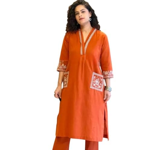 Women's Pure Cotton Co Ord Set l Kurta Sets for Women |Kurta Sets| Printed Kurta with Pant l Stylish Pocket & 3/4 Sleeve Women Co-ord Set (IN, Alpha, XL, Regular, Women, Orange)