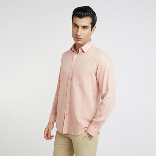 Raymond Men's Slim Fit Cotton Linen Blend Full Sleeve Regular Collar Solid Pattern Light Red Casual Shirt (Size: 40)-RCSQ01838-R2 3