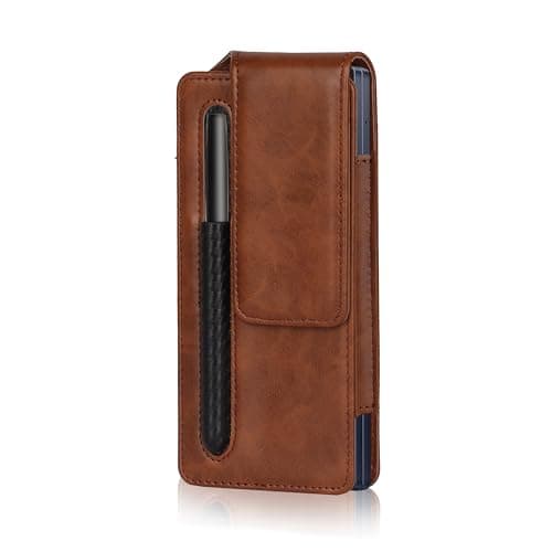 TDG Fold Phone Belt Pouch for Samsung Galaxy Z Fold 7 / Fold 6 / Fold 5 / Fold 4 | PU Leather Mobile Holster with Rotating Belt Clip, Pen Holder & Magnetic Closure | Waist Phone Case for Men (Brown) 4