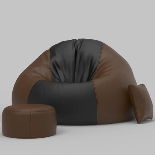 OHSTORE 4XL Faux Leather Bean Bag Cover Set with Matching Footrest and Cushion – No Filling, Great for Home, Office, and Gaming Lounge, Brown & Black (Only Cover) 2