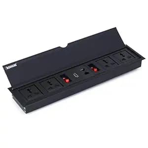 Fliptop Box Cable Cubby Extension Board with 2 x On/Off Switch, 4 x Universal Power Sockets, 2 x LAN, HDMI Ports (Black)