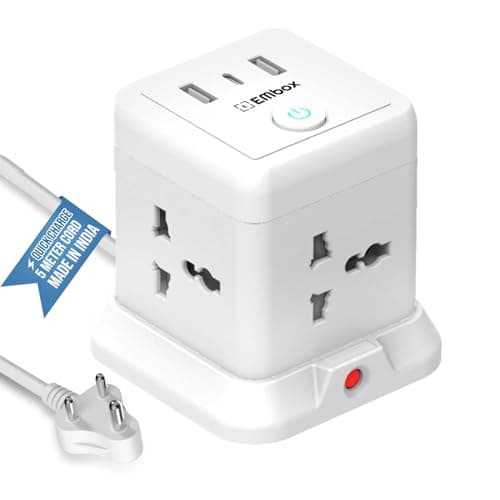 EMBOX Cube Extension Board 5 Meter Cable (QC 3.0)| 2500W Heavy Duty Extension Board with USB Type C Universal Sockets & Master Switch |Compact Extension Cord Safety Shutter & Overload Protector