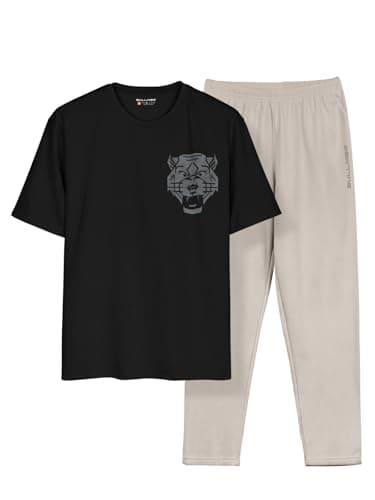 BULLMER Trendy Clothing Set with Oversized T-Shirt & Pants Co-ords for Men/Black:Beige/Large
