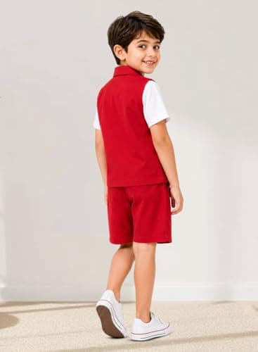 3BROS Kids Cotton Shirt Shorts Set for Boys Kids Clothing/Boys Clothing Set (Party/Festive) Wear (Red, 5-6 Years) 2
