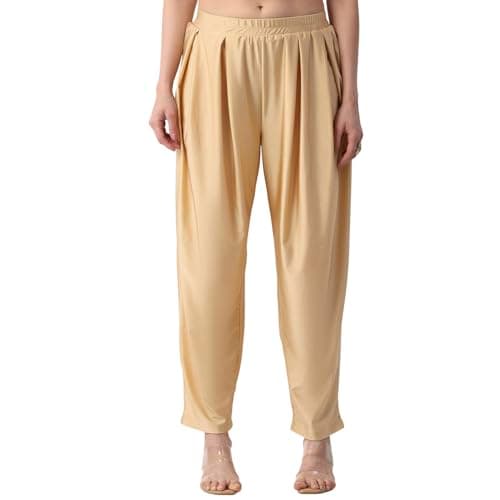 Biba Women Gold Viscose Lycra Straight Solid Palazzos_XXXL