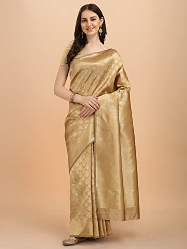 Jaanvi fashion Women's Banarsi Silk With Zari Jacquard Work Saree With Blouse Piece (prashanti-dark-gold) 3