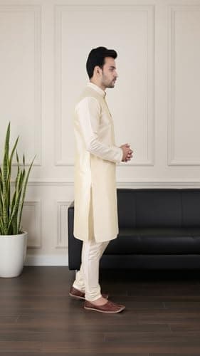 Sadree® Men's Silk Blend Kurta Pajama, Kurta Set Mandarin Colloar, Round Neck, Full Sleeve, Knee Length, Regular Fit, Festival, Wedding, Ethnic Dress for Men Kurta Pyjama Set 2