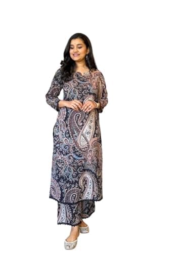 JEENAX_INDIA CREATION'S Women's Cotton Printed Straight Kurti with Pant Two Piece Co-ord Set (Black-XXL)
