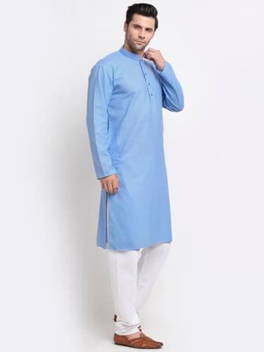 KRAFT INDIA Men Cotton Striped Blue Kurta Pyjama Set Size Large 4