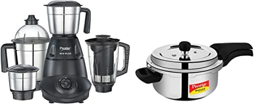 Prestige Iris Plus 750 Watts Mixer Grinder & Prestige Svachh Deluxe Alpha 3.0 Litre Stainless Steel Outer Lid Pressure Cooker