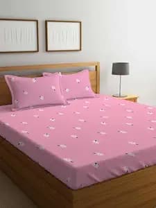 LOOMLYFE 300 TC Cotton Feel Glace Cotton Elastic Fitted Printed Queen Size Double Bed Bedsheet with 2 Pillow Covers Fits Upto 8 inches,Size- 60x78x10 Inches, PinkSmallFlower