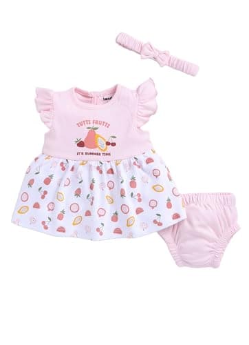 Smart Baby Girl Pink Tutti Frutti Frock with Bloomer & Headband Set – Flutter Sleeve Interlock Cotton Dress – Newborn Infant Summer Dress for Girls (Pink, Sleeveless, 6-9M)