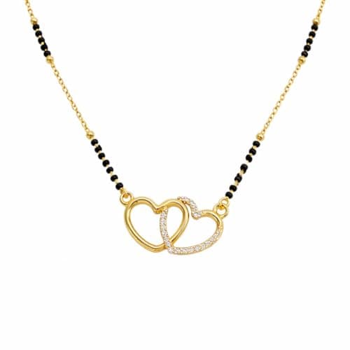 NEEDFUL Stylish Double Heart Mangalsutra for Women Gold Plated Black Beads Chain Latest Modern Design Daily Wear Jewelry