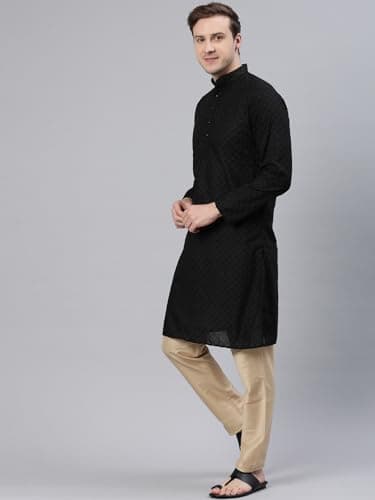 Majestic Man Polyester Mandarin Collar Ethnic Motifs Embroidered Long Regular Fit Kurta (Black, Large, Men) 2