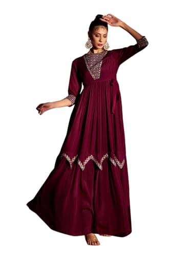 madhuram textiles Women's Chinon Chiffon Traditional Ethnic Long Western Dress With Embroidery Work Long Kurta(M-2361 Wine Blue_2XL), Maroon, Casual Dress