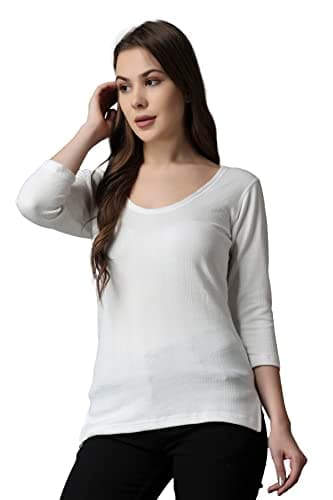 FF Thermal Warmer Vest For Women Ultra Soft 3/4 Sleeves Scoop Neck Winter Inner Wear Regular Fit Top Johns Underwear Color - White (Size - Xxl)