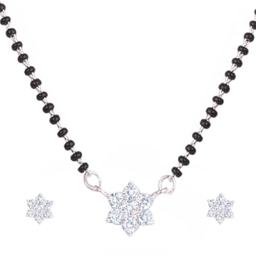 JFL - Jewellery for Less Traditional Ethnic Silver Plated Cz American Diamond Flower Shape Pendant Mangalsutra Set for Women.(Small),Valentine