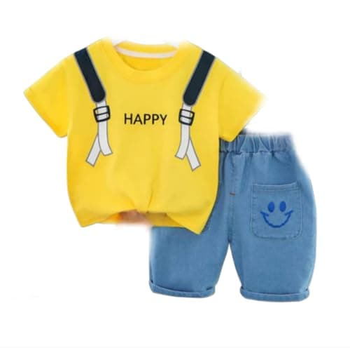 Indhrani Garments Kids Clothes for Boys | Cotton T-shirt and Denim Shorts for Baby Boys | Baby Boy Dress Clothing Set, Yellow 6-12 month