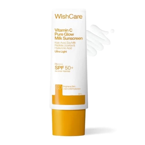 WishCare Vitamin C Pure Glow Milk Sunscreen with SPF 50 PA++++ In-Vivo Tested | Glowing Skin with Broad Spectrum Protection | Ultra Lightweight, Oil Free & No White Cast | For All Skin Types | 50ml