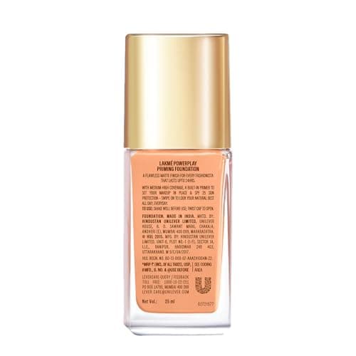 Lakme Powerplay Priming Foundation, Natural, Flawless Finish, Medium To Full Coverage, Built in Primer, Long Lasting, SPF 20, Warm Sand, 25ml 2
