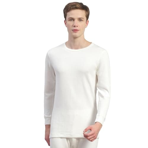 Monte Carlo Mens Off White Solid Cotton Blend Round Neck Full Sleeve Thermal Vest (6230M5WH-0-44)