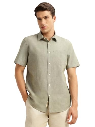 Thomas Scott Men's Premium Slim Fit Casual Shirt | Cotton Linen Blend | Short Sleeves | Spread Collar | Solid Pattern (TS1351_DarkOlive_L) Dark Olive