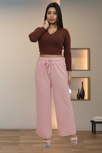Women’s Palazzo Pants – Ribbed Crinkle Knit Wide Leg Trousers with Elastic Waist, Side Pockets, Soft Stretch Fabric, Casual Office Lounge Everyday Wear 2