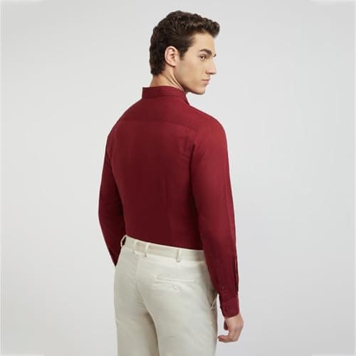 Raymond Men Slim Fit Solid Pattern Linen Cotton Blend Regular Collar | Full Sleeve Casual Shirt | Dark Red 4