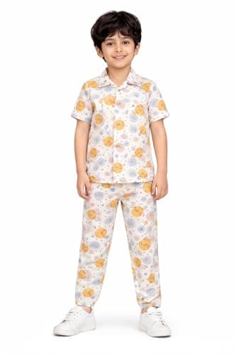 3BROS Unisex Pure Cotton Short Sleeve Kids Night Dress for Boys & Girls Nightwear/Sleepsuit/Sleepwear/Loungewear Night Suit for Boys and Girls Top and Pyjama Combo Set (Multicolor-22, 7-8 Years)