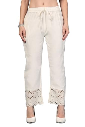 Pistaa's Women's Pure Cotton Regular Hem Design Solid Palazzos (34, Bright Cream)