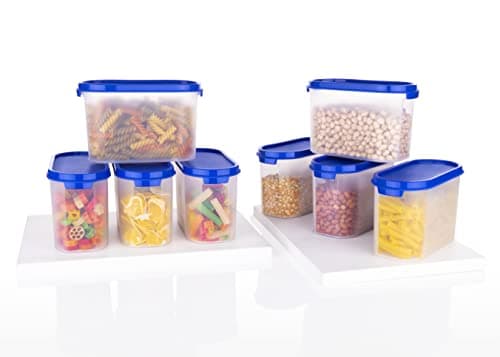 Plastic 1000 Ml Modular Containers Oval Set for Grocry,Rice, Dal, Atta, Flour, Cereals, Pulses, Snacks Set of (Blue, 8)