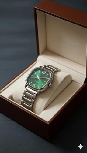 Minimalist Square Green Dial Analog Watch for Men – Slim Case Design with Day & Date Display, Stainless Steel Strap 3