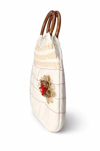 ATHZ Ivora Bloom Handcrafted Cotton Handbag for Women with Wooden Handle, Stylish Indo Fusion Day Bag, Lightweight Casual & Outing Purse with Tassel & Floral Detail (Off white, Red, Brown) 5