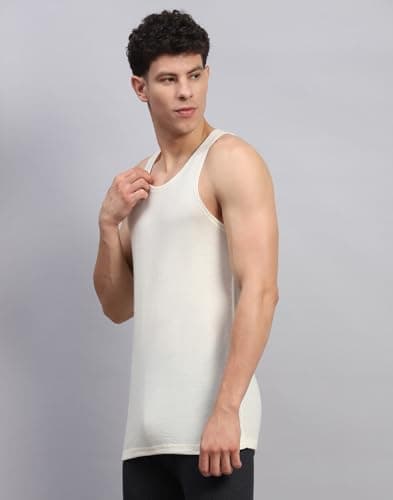 Monte Carlo Mens Solid Cream Round Neck Sleeveless Thermal Vest (624014SL-0-38) 2