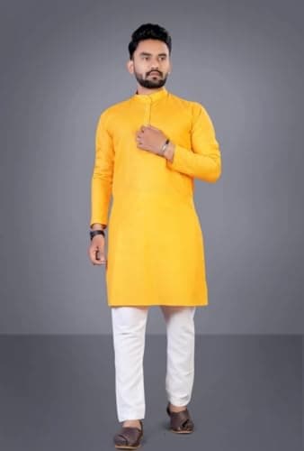 Wannabees Kurta Pajama for Men Set | 100% Cotton | Regular Fit Traditional Ethnic Wear for Festivals, Weddings,Puja, Parties & Occasions (IN, Alpha, XL, Regular, Yelllow) 3